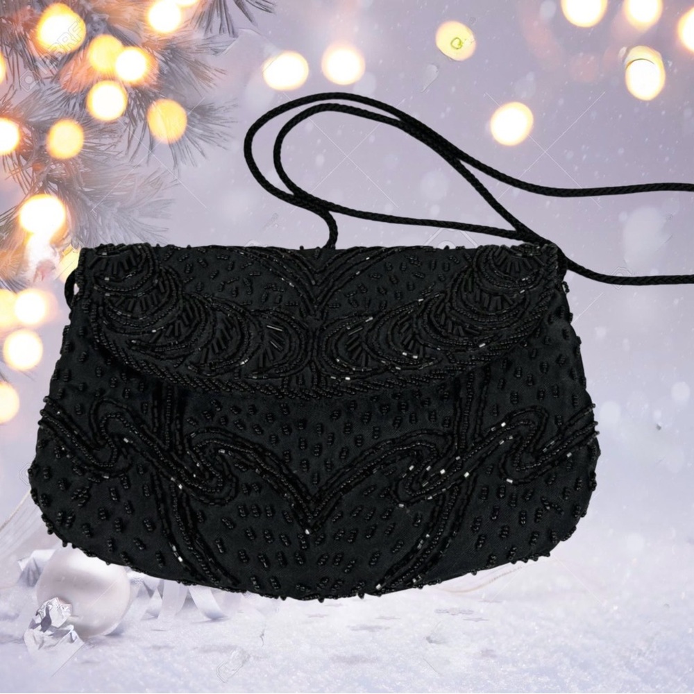 Vintage Handmade CC Courtenay Evening Handbag Beaded Black 8”x6”